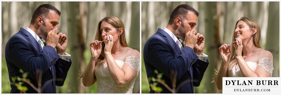 uncompahgre national forest colorado elopement wedding adventure bride and groom making aspen leaf whistles