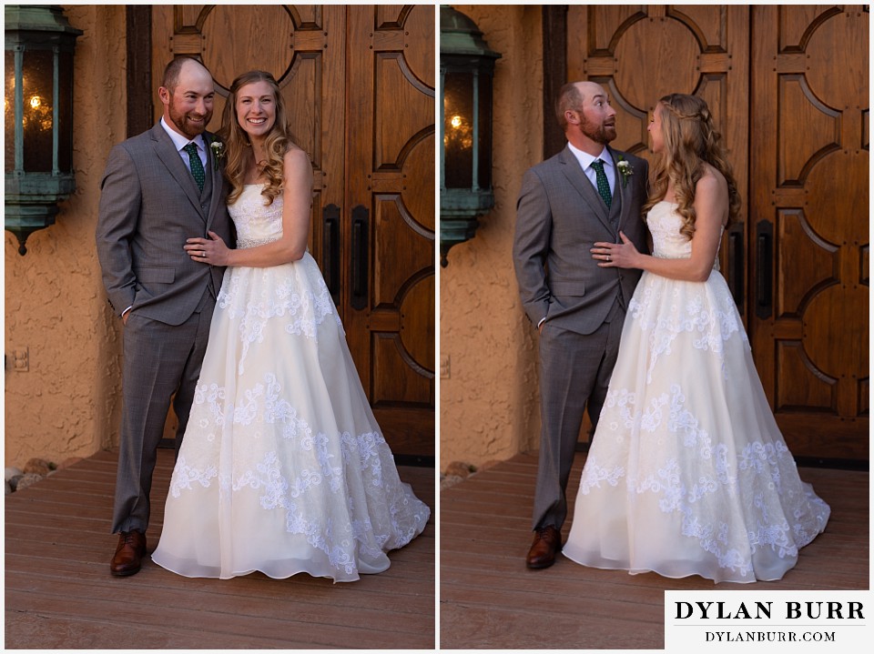 villa parker wedding parker colorado bride and groom in front of door laughing