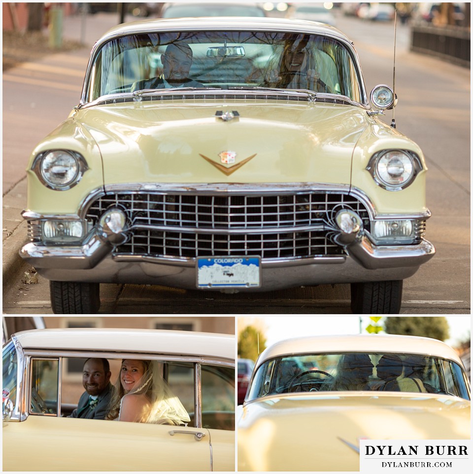 villa parker wedding parker colorado bride and groom driving Cadillac