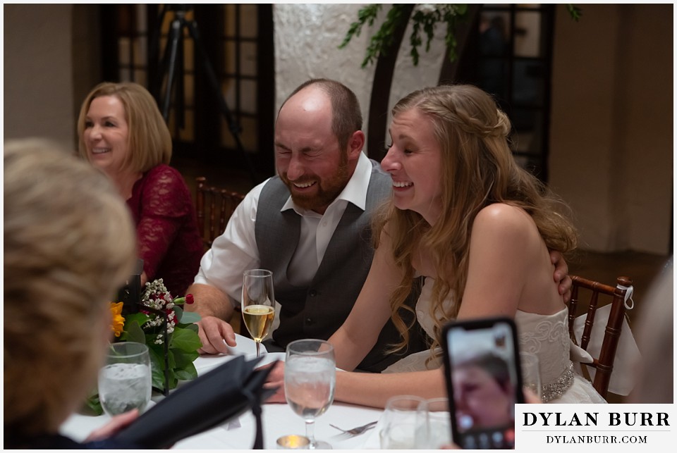 villa parker wedding parker colorado couple laughing at toast