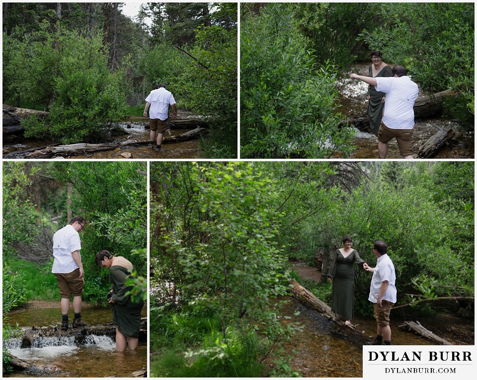 water engagement session rocky mountain national park playing together in mountain creek