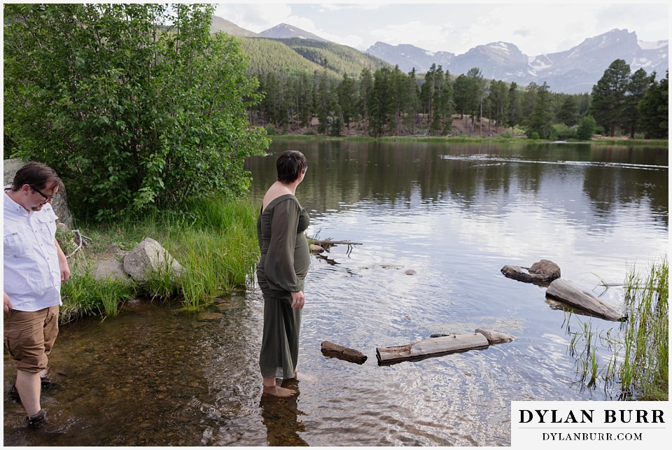 water engagement session rocky mountain national park enjoying the water at sprague lake