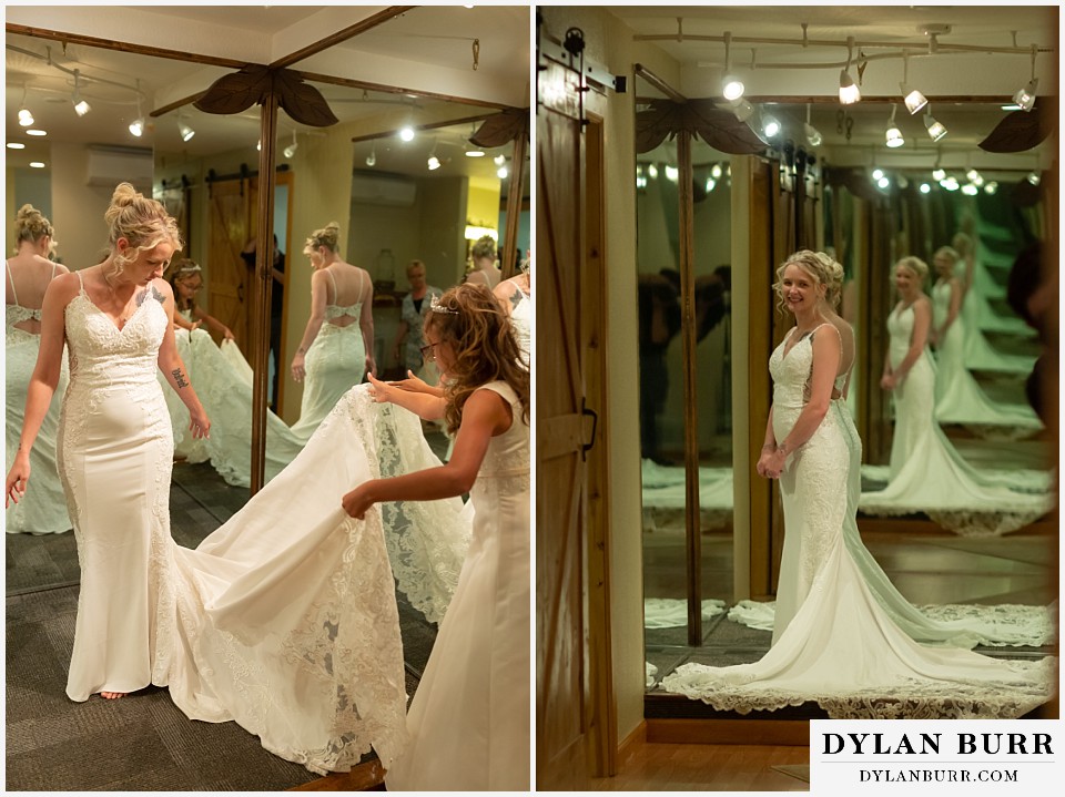 bride getting ready in mirror tunnel at wild basin lodge