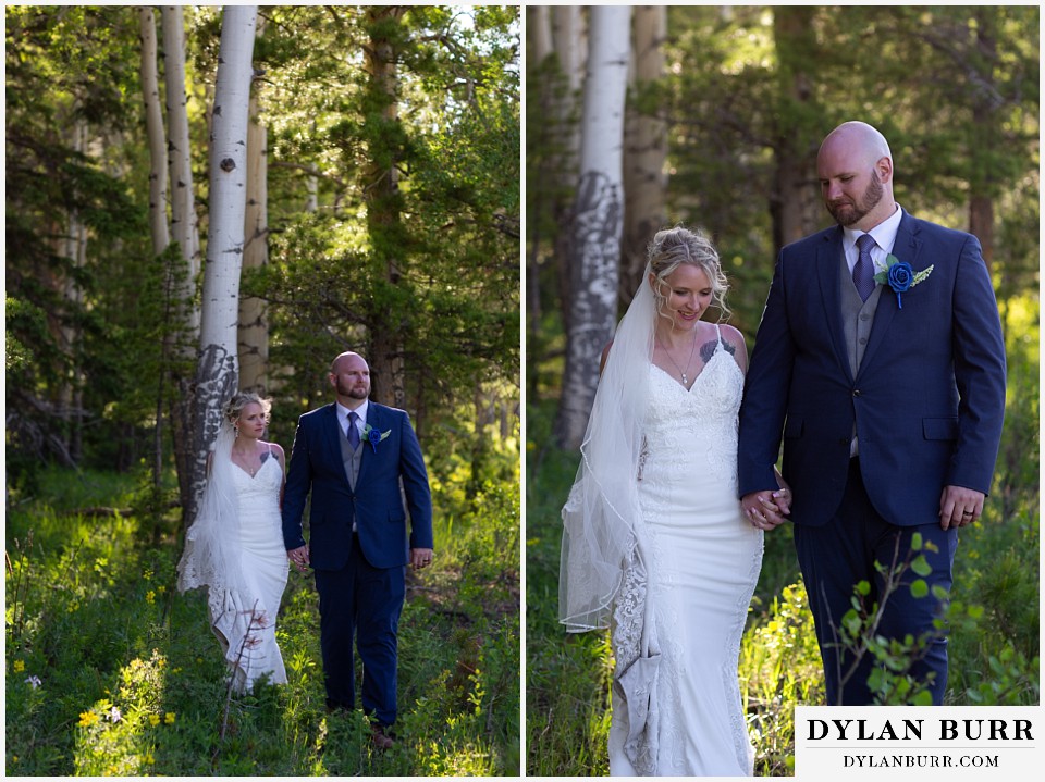 bride and groom walking in the aspen trees