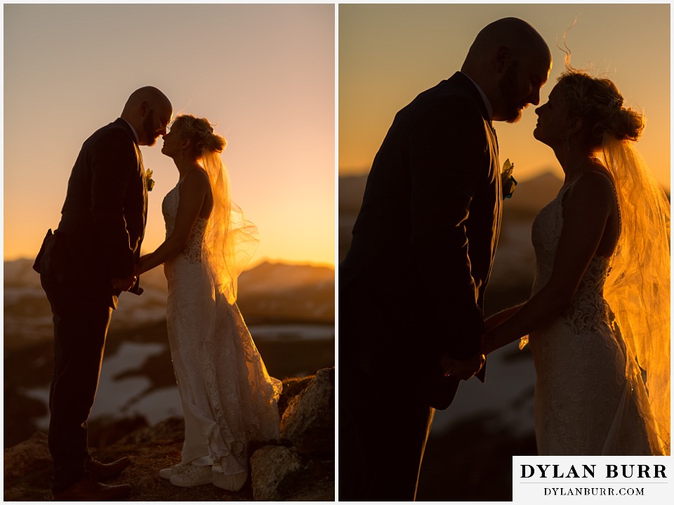 bride and groom kissing in the sunset wild basin lodge wedding