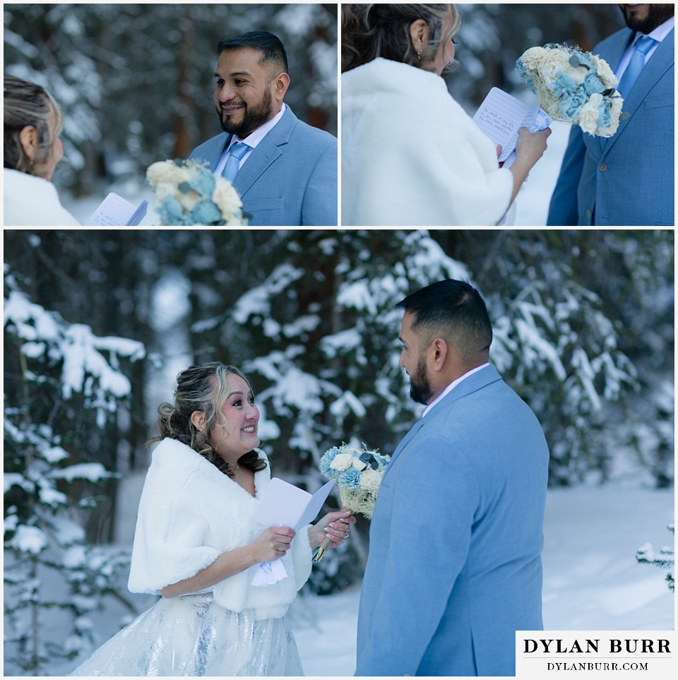 winter elopement wedding near winter park colorado reading vows to eachother