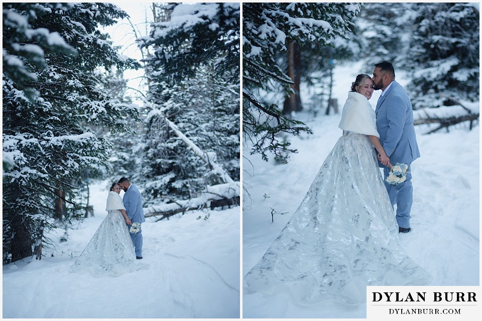 winter elopement wedding near winter park colorado couple kissing and loving on eachother