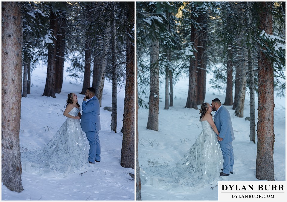 winter elopement wedding near winter park colorado cute newlyweds in snow and trees