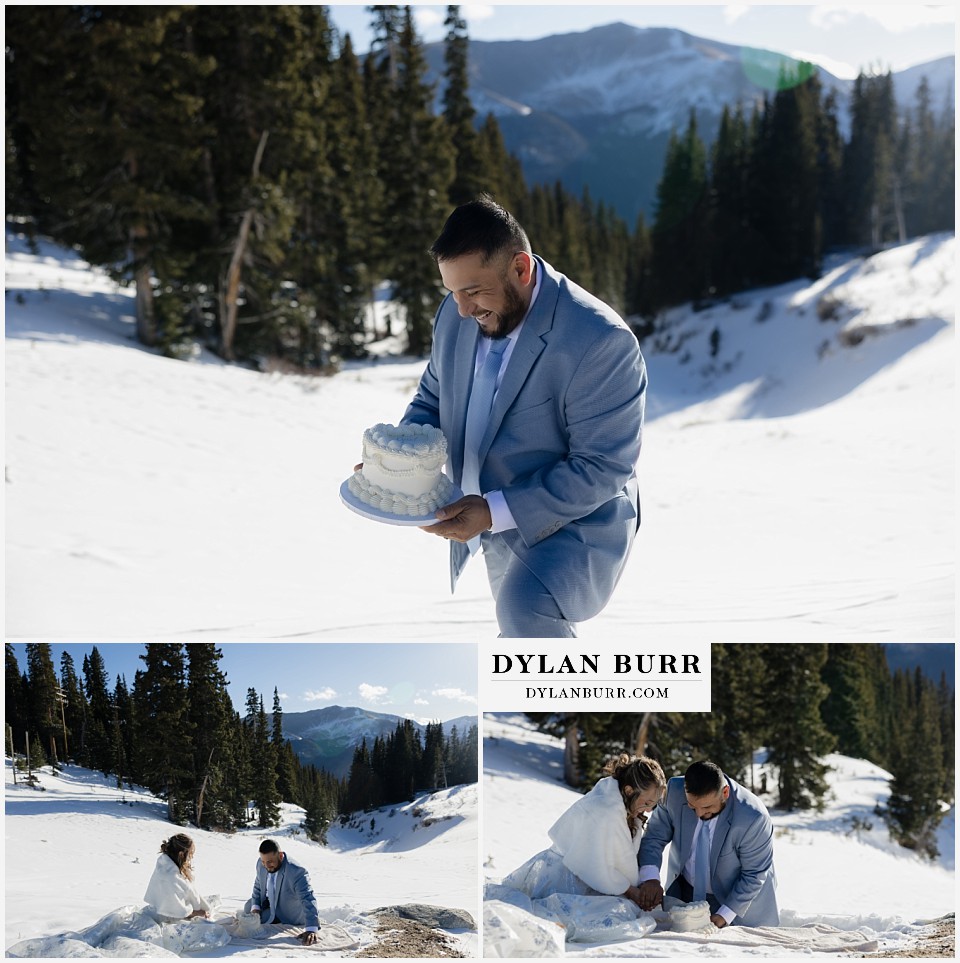 winter elopement wedding near winter park colorado cutting cake on a mountaintop