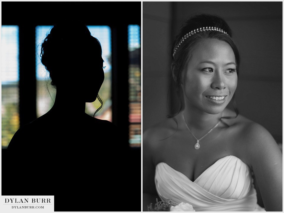 winter park wedding getting ready asian bride black white window