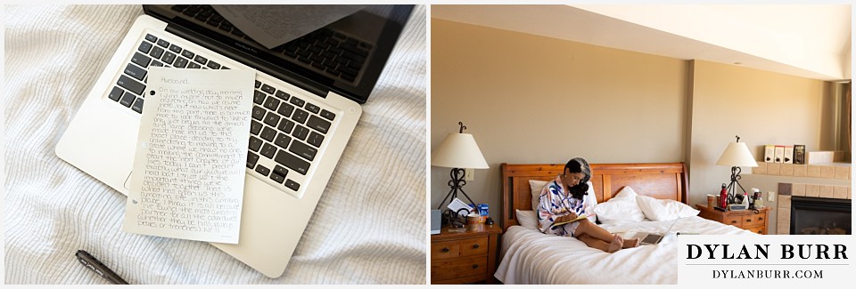 winter park mountain lodge wedding colorado bride writing note to husband