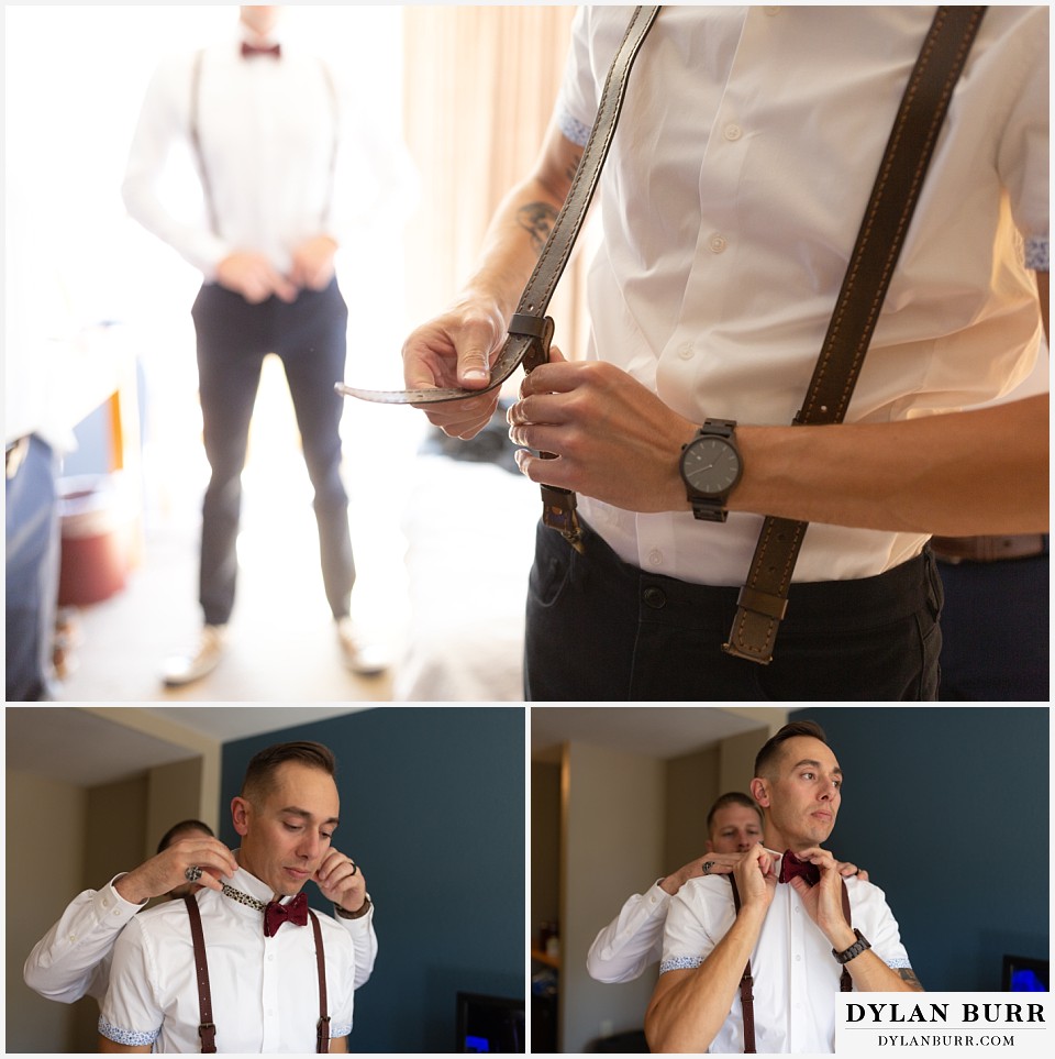 winter park mountain lodge wedding colorado groom putting on suspenders groom putting on bowtie