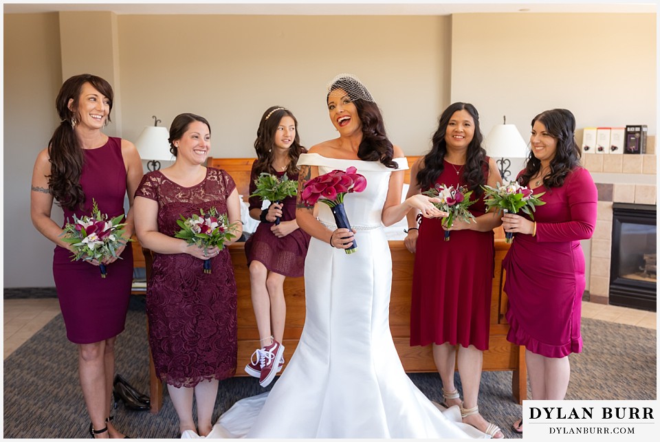 winter park mountain lodge wedding colorado bride with bridesmaids all ready