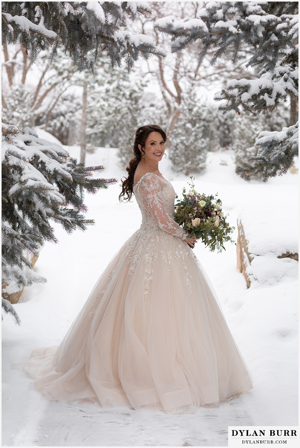 gorgeous winter wedding bride at the Stanley Hotel in Estes Park Colorado