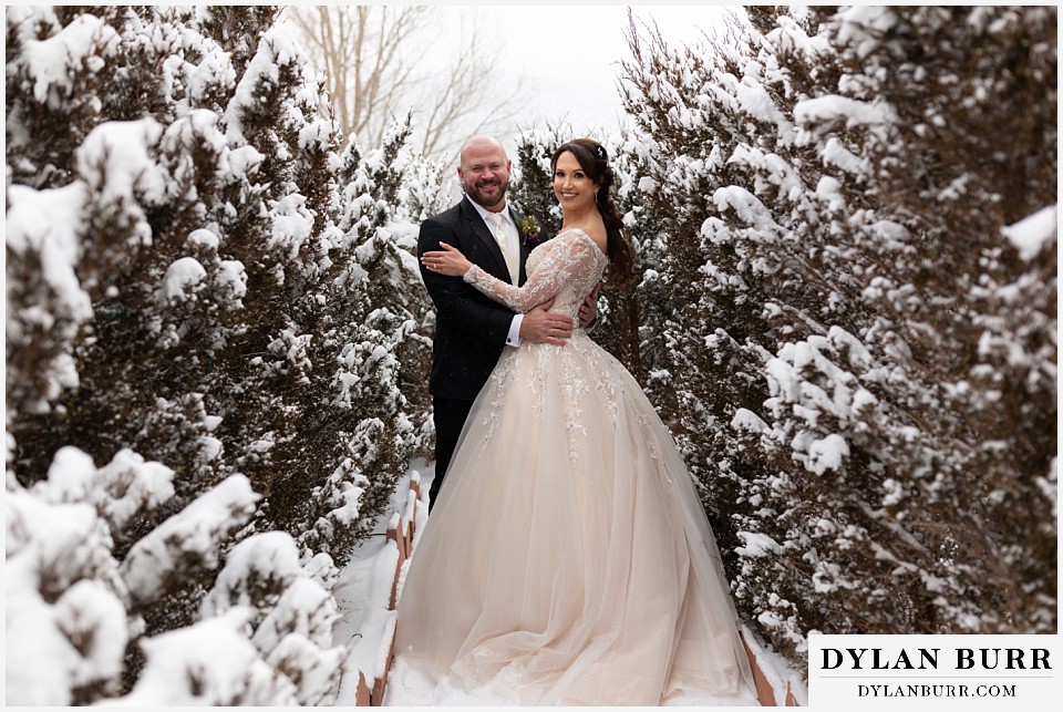 Stanley Hotel Winter Wedding in hedge maze