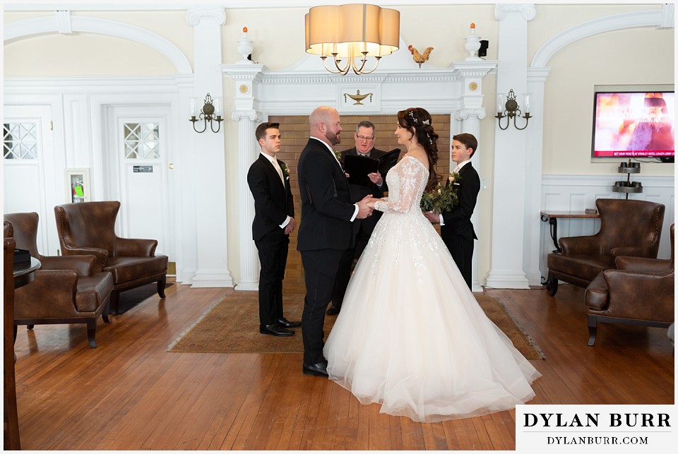 winter wedding ceremony at The Stanley Hotel in Estes Park Colorado