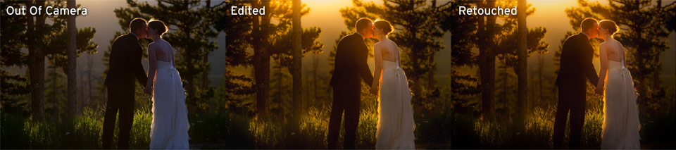 image showing straight out of camera, edited version and retouched version